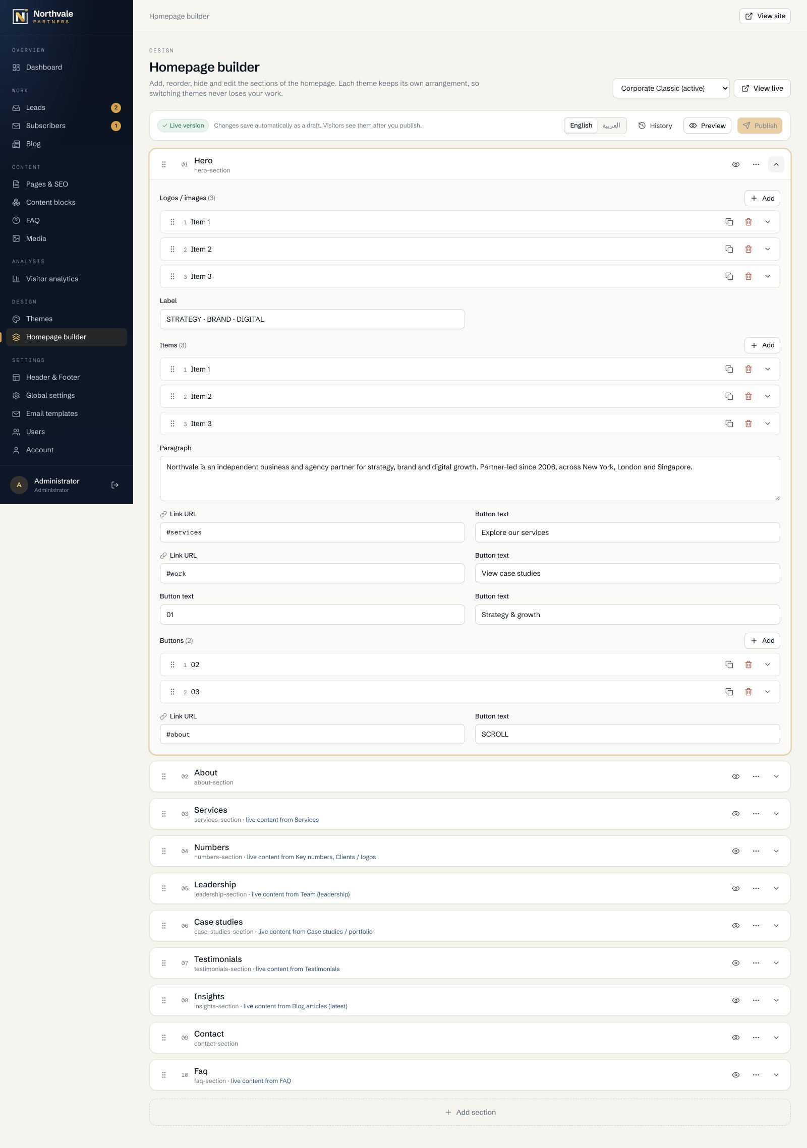 Homepage builder screen