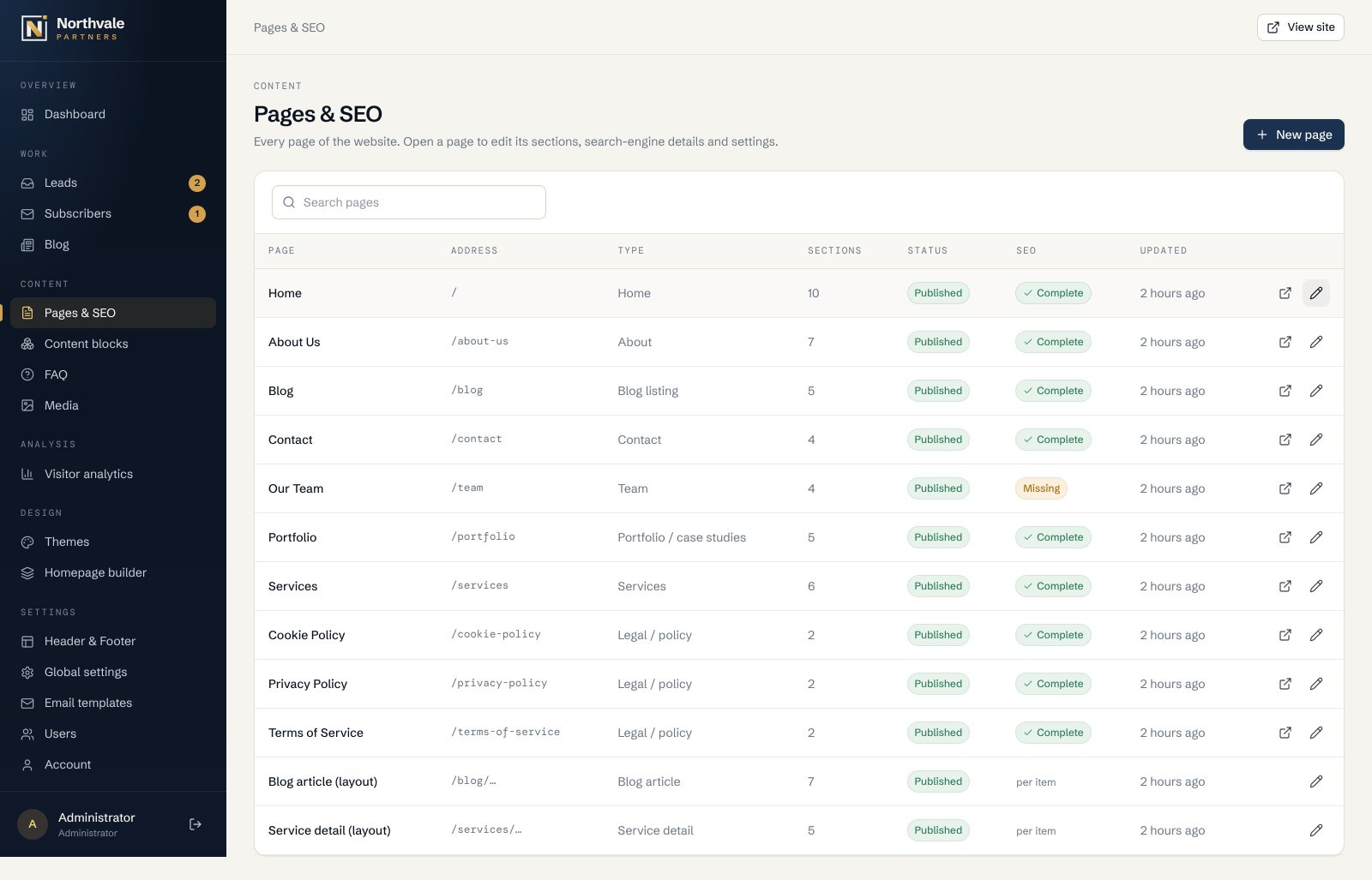 Pages & SEO screen